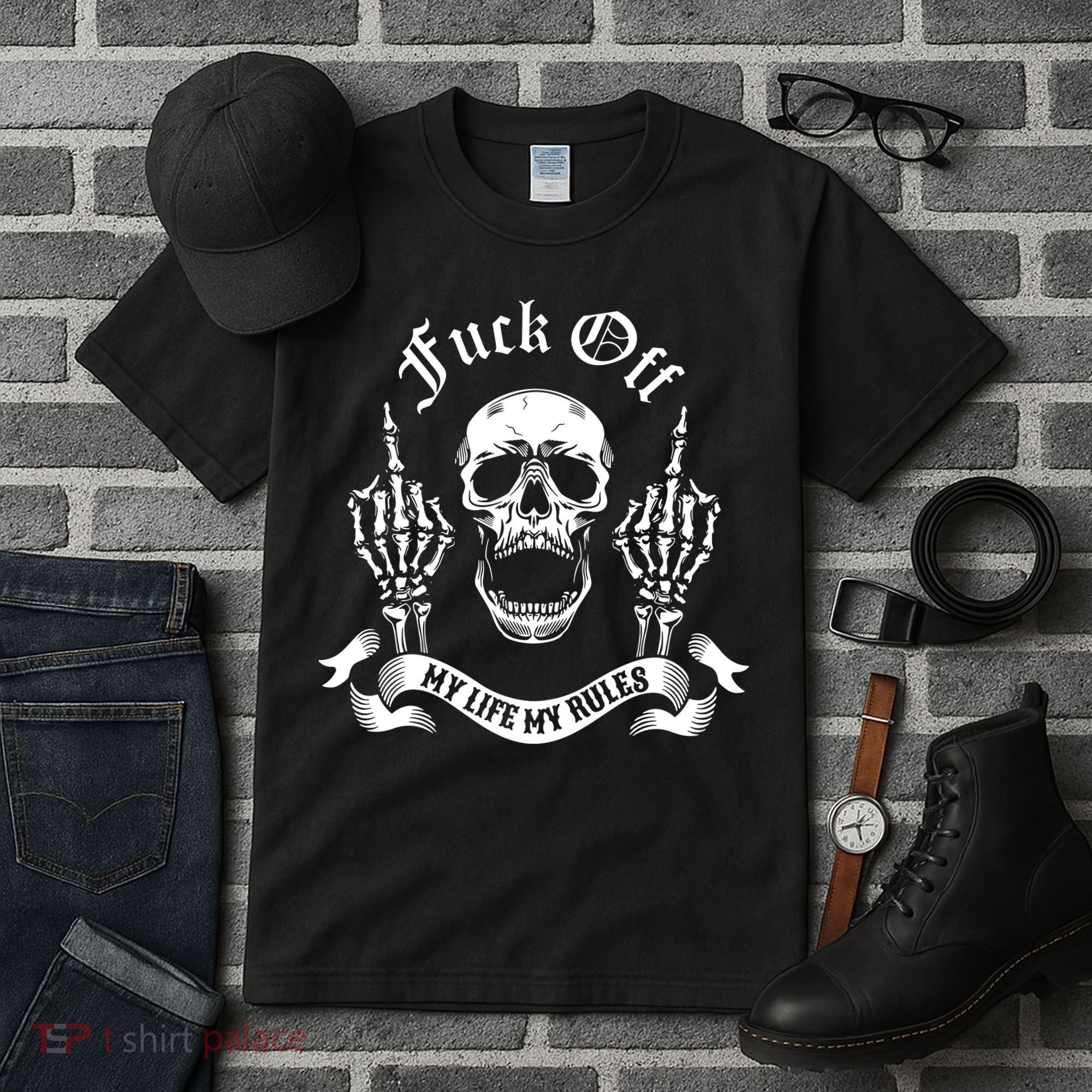 Fuck Off My Life Rules Skull Finger Tall T-Shirt