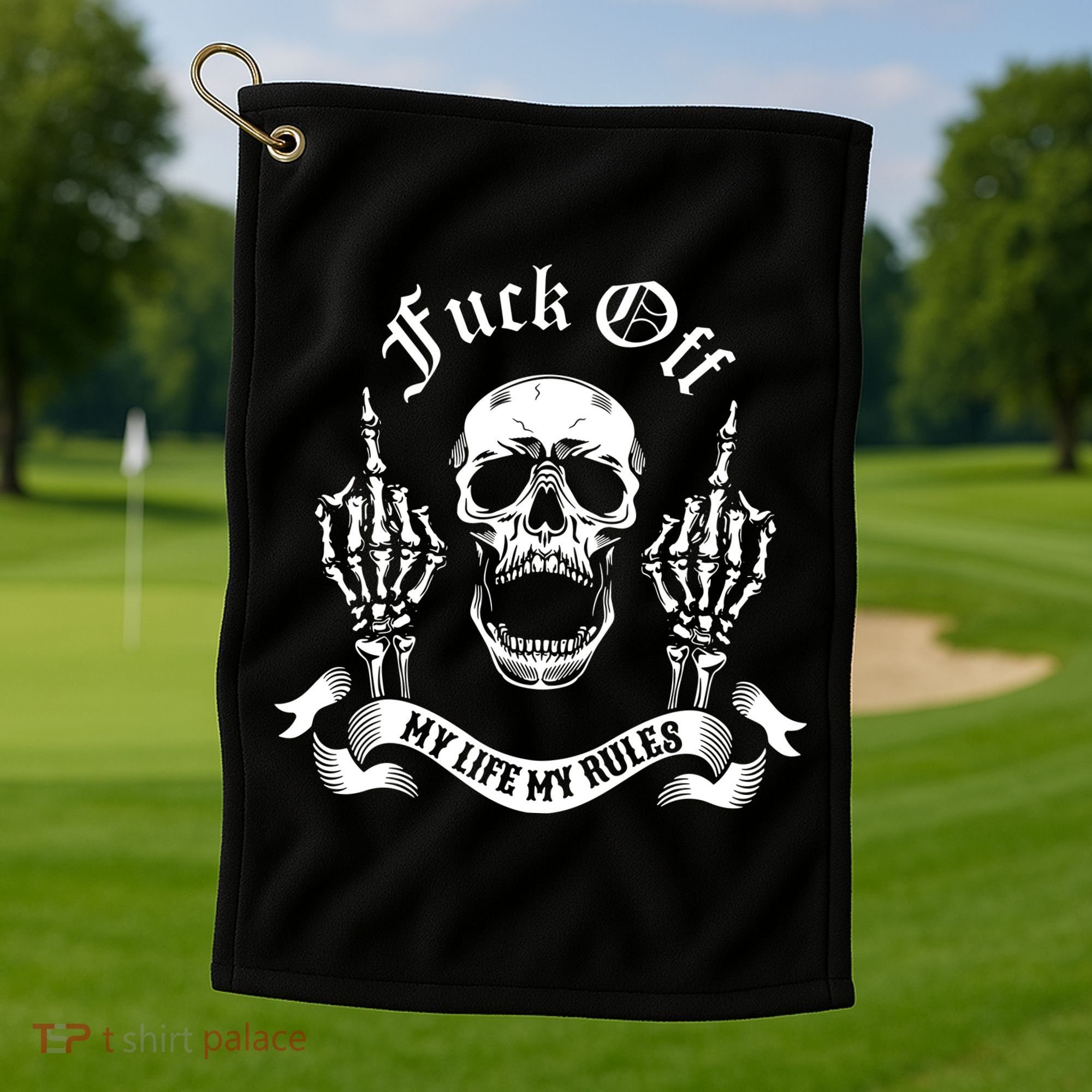 Fuck Off My Life Rules Skull Finger Golf Towel