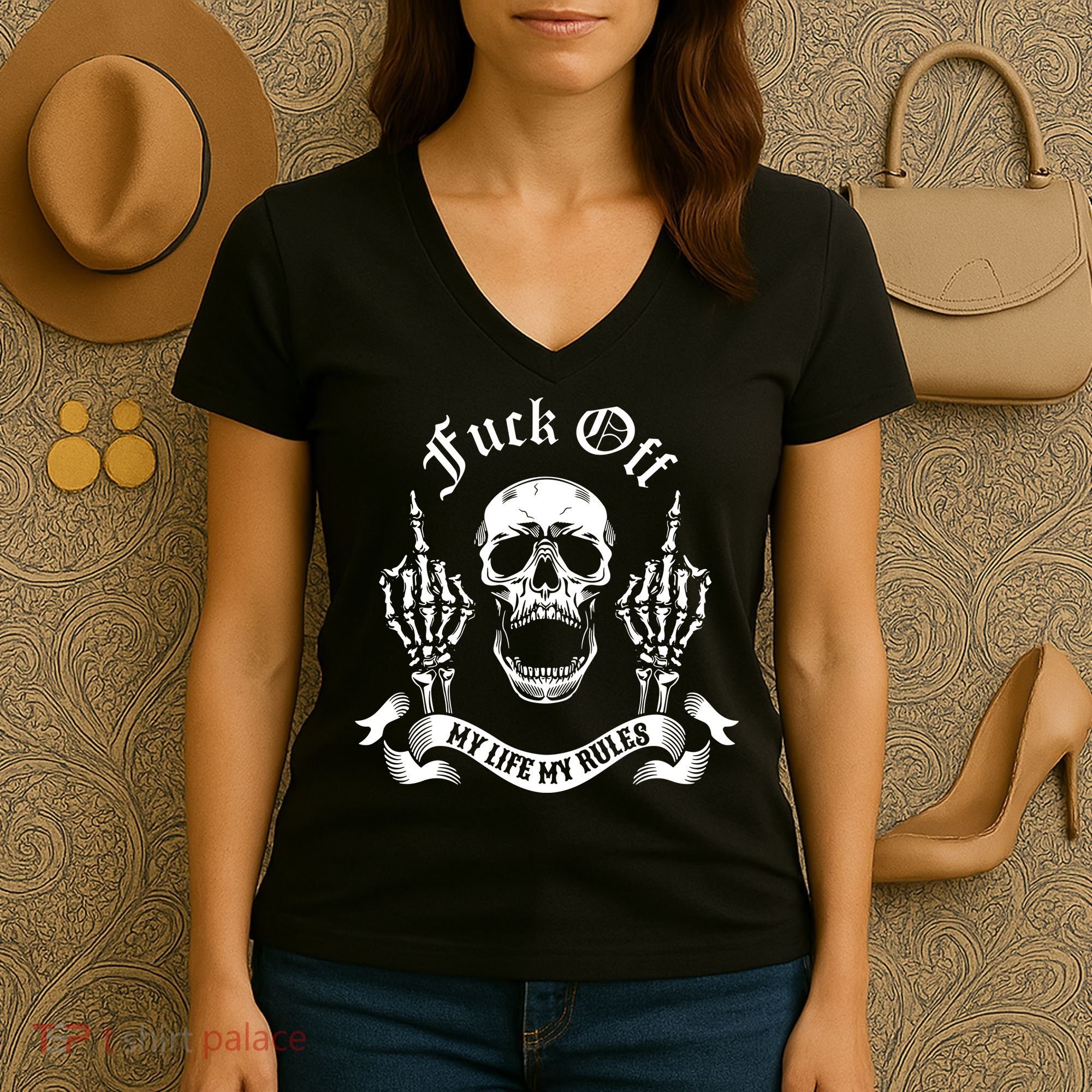 Fuck Off My Life Rules Skull Finger Women's V-Neck T-Shirt