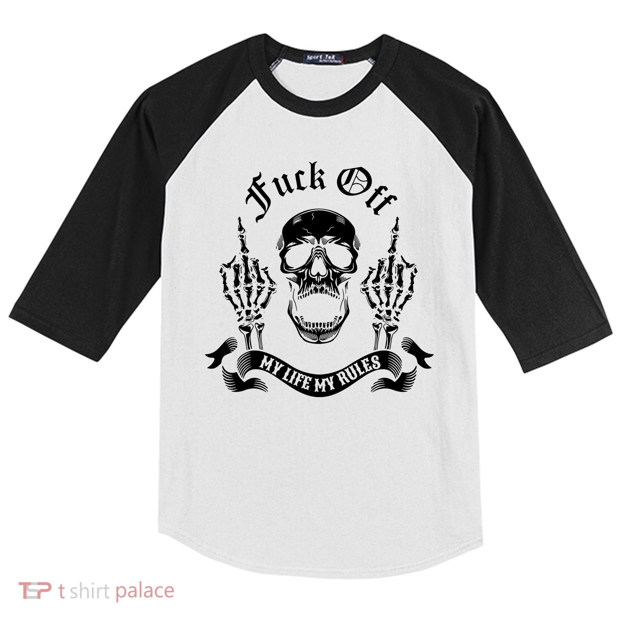 Fuck Off My Life Rules Skull Finger Kids Colorblock Raglan Jersey