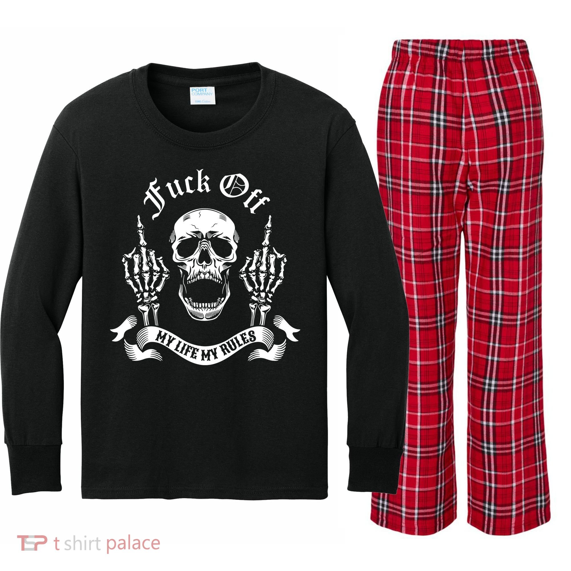 Fuck Off My Life Rules Skull Finger Kids Long Sleeve Plaid Pajama Set