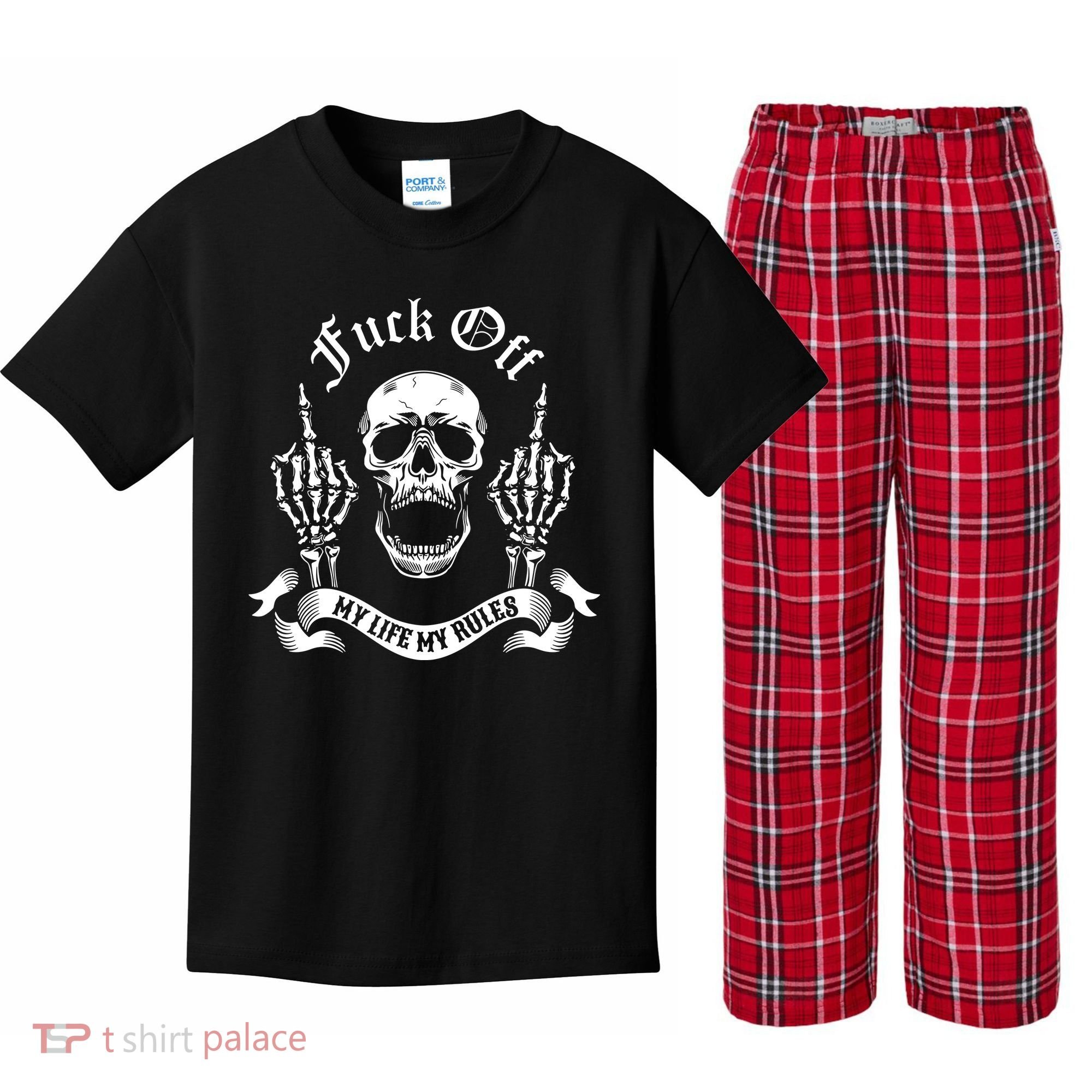 Fuck Off My Life Rules Skull Finger Kids Plaid Pajama Set
