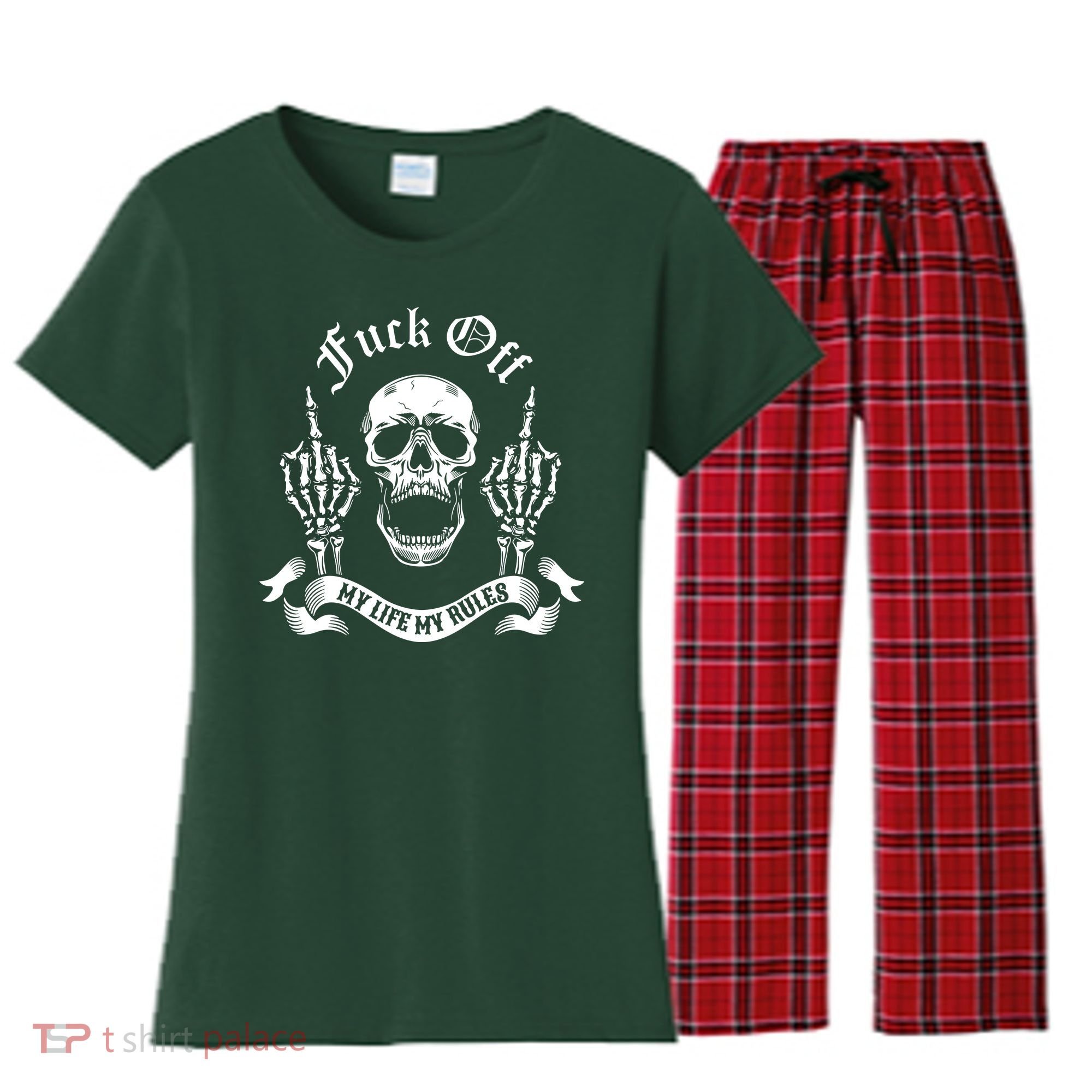 Fuck Off My Life Rules Skull Finger Women's Flannel Pajama Set