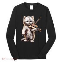 Funny Orchestra Musician Violinist Cute Cat Playing Violin Long Sleeve Shirt thumb 0