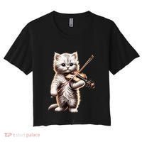 Funny Orchestra Musician Violinist Cute Cat Playing Violin Women's Crop Top Tee thumb 0