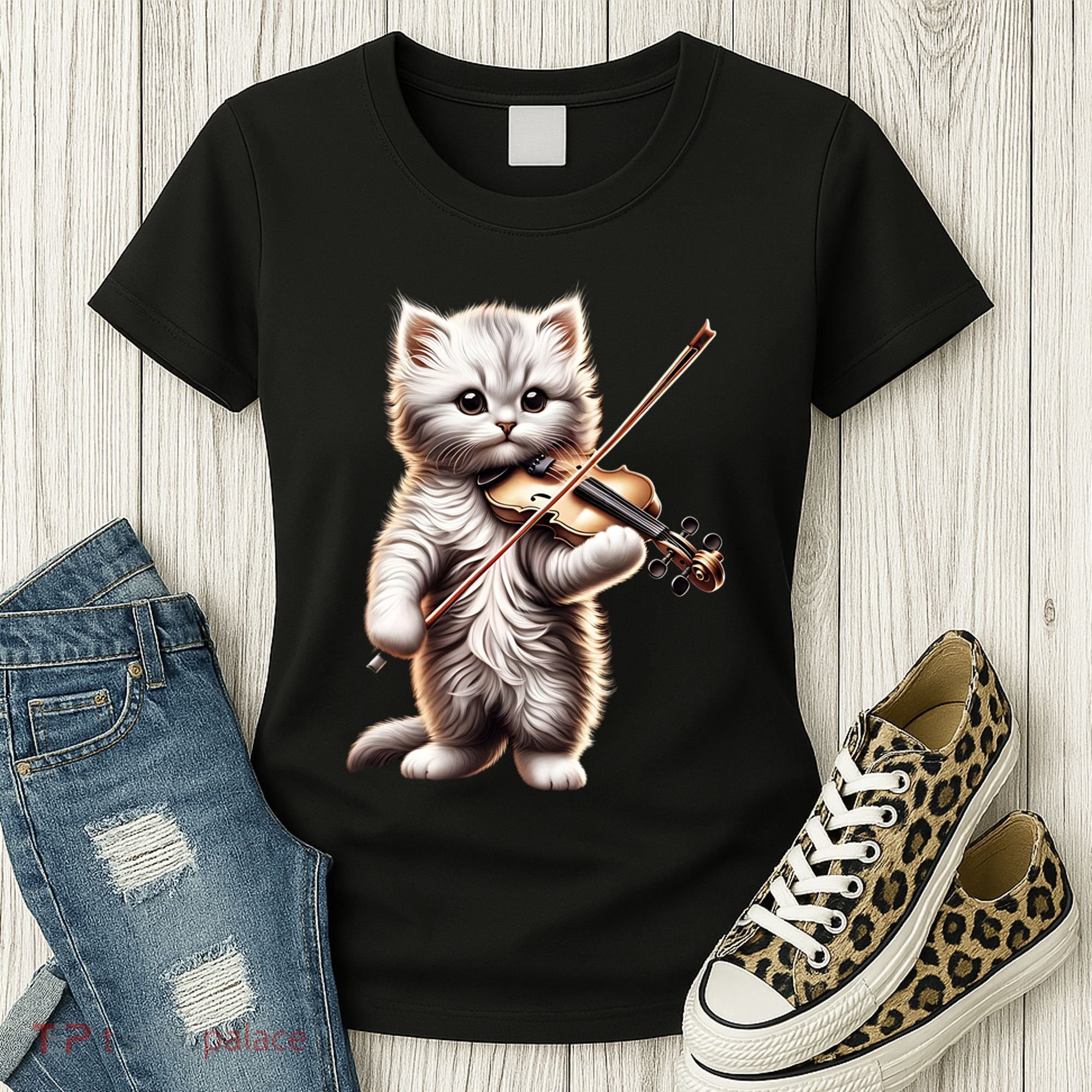 Funny Orchestra Musician Violinist Cute Cat Playing Violin Women's T-Shirt