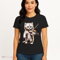 Funny Orchestra Musician Violinist Cute Cat Playing Violin Women's T-Shirt thumb 4
