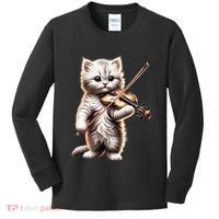 Funny Orchestra Musician Violinist Cute Cat Playing Violin Kids Long Sleeve Shirt thumb 0