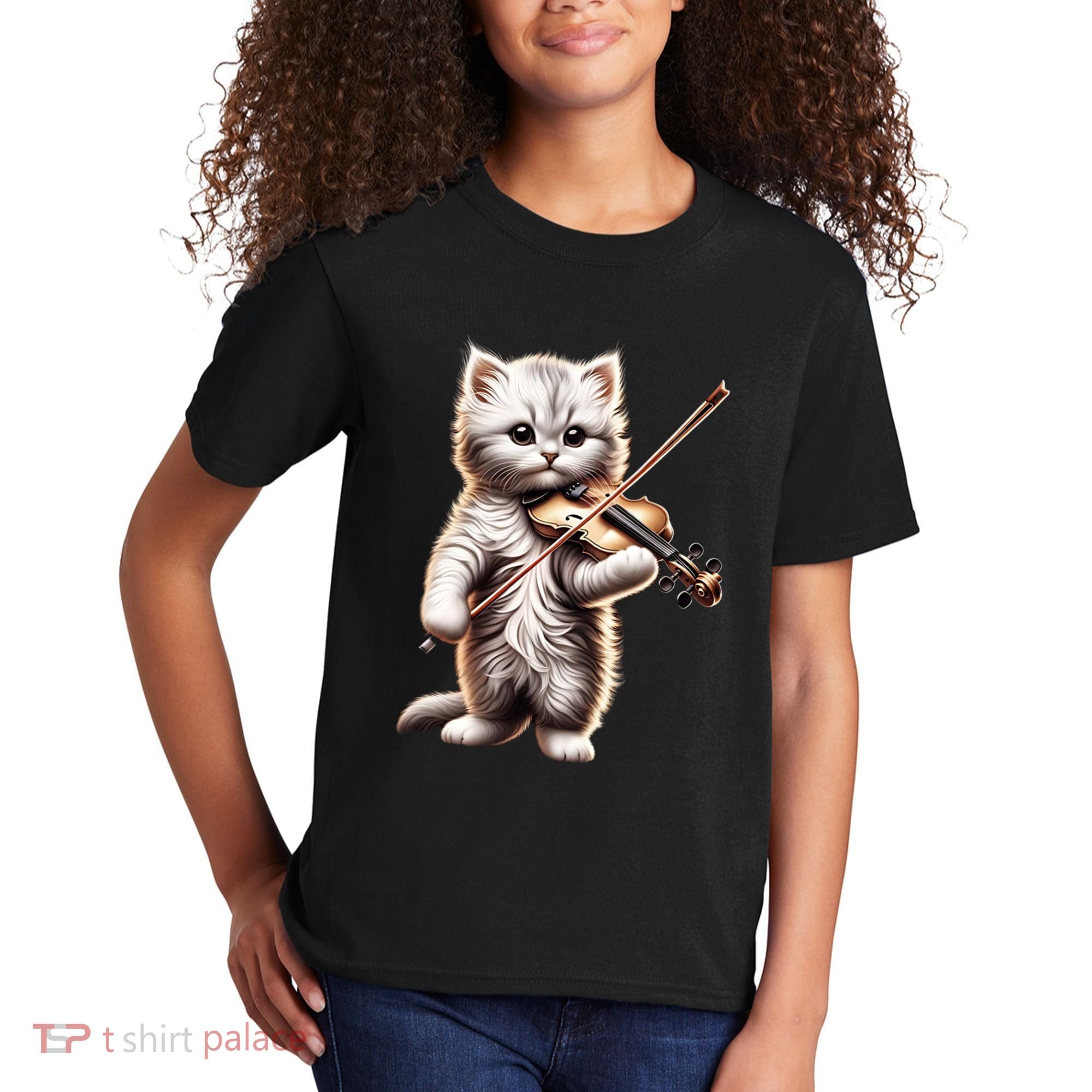Funny Orchestra Musician Violinist Cute Cat Playing Violin Kids T-Shirt