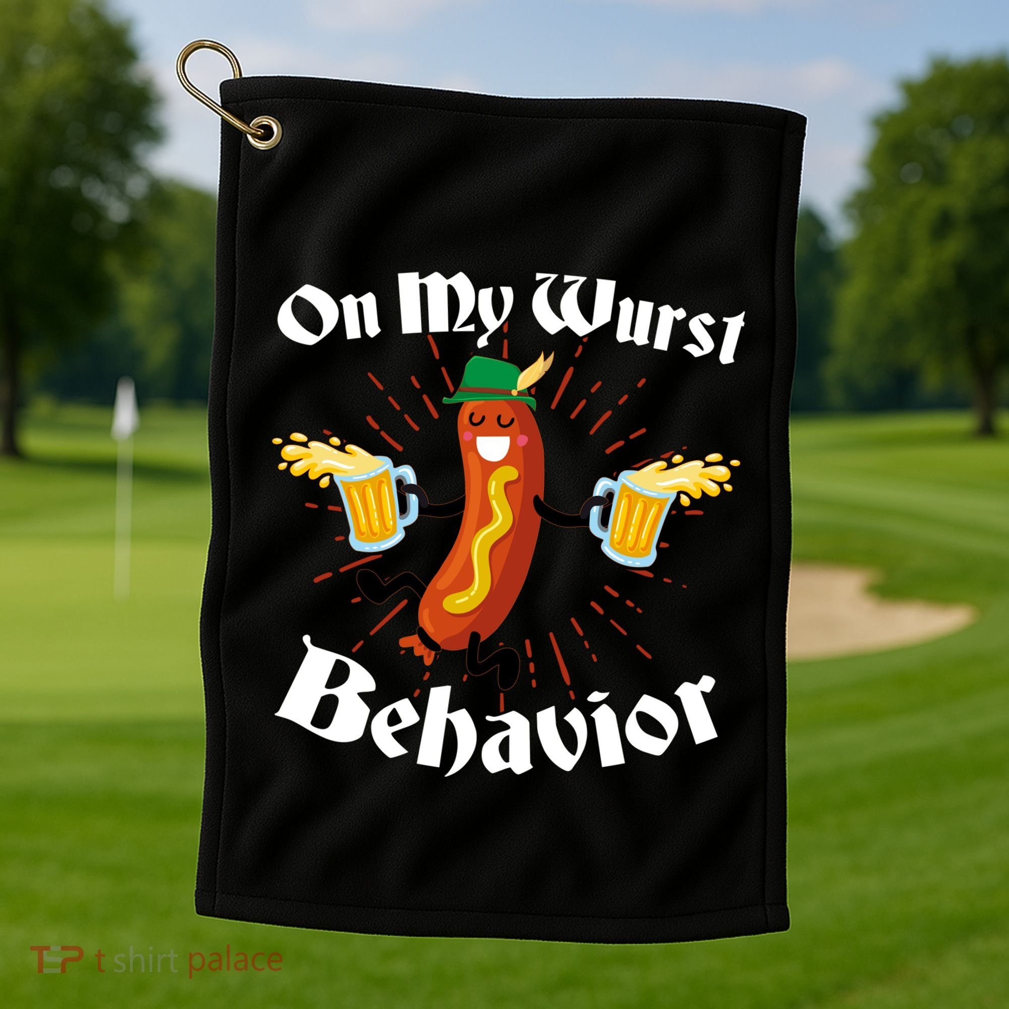 Funny Oktoberfest On My Wurst Behavior Golf Towel