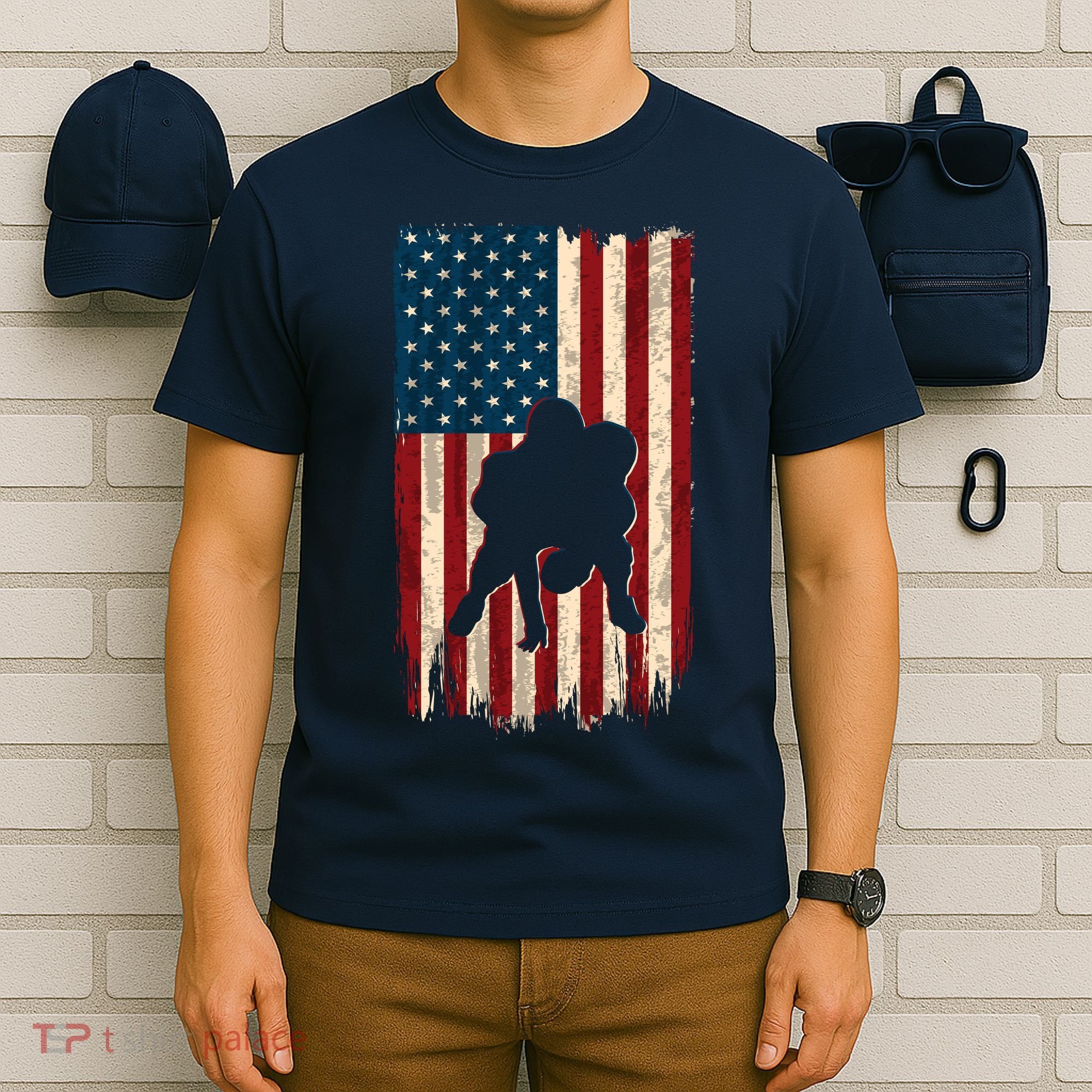 Football Lineman American Flag Sports Fan T-Shirt