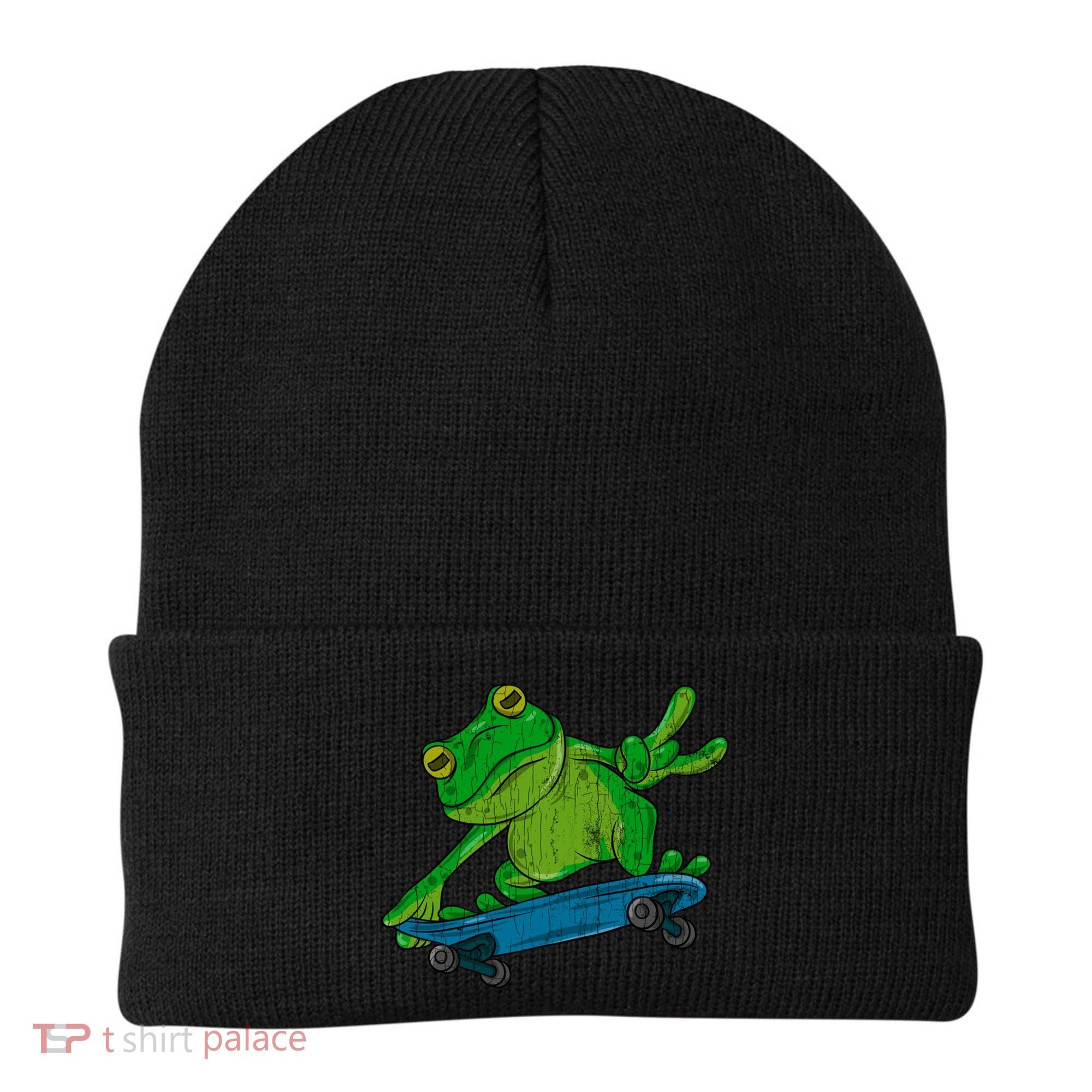 Frog On Skateboard Funny Graphic Cute Gift Beanie