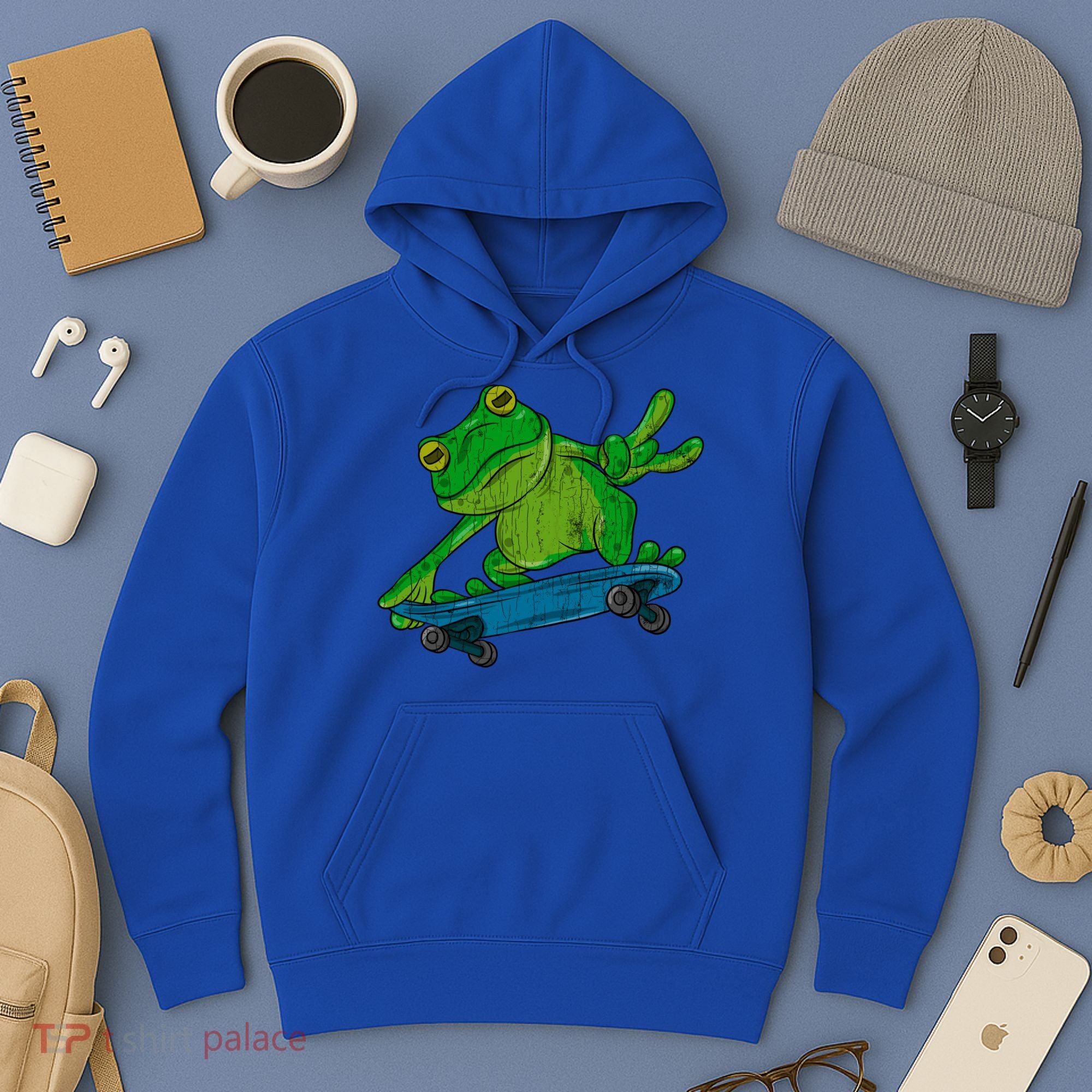 Frog On Skateboard Funny Graphic Cute Gift Hoodie