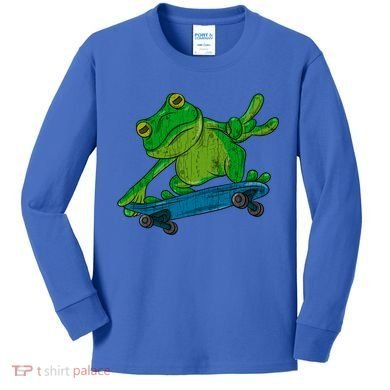 Frog On Skateboard Funny Graphic Cute Gift Kids Long Sleeve Shirt