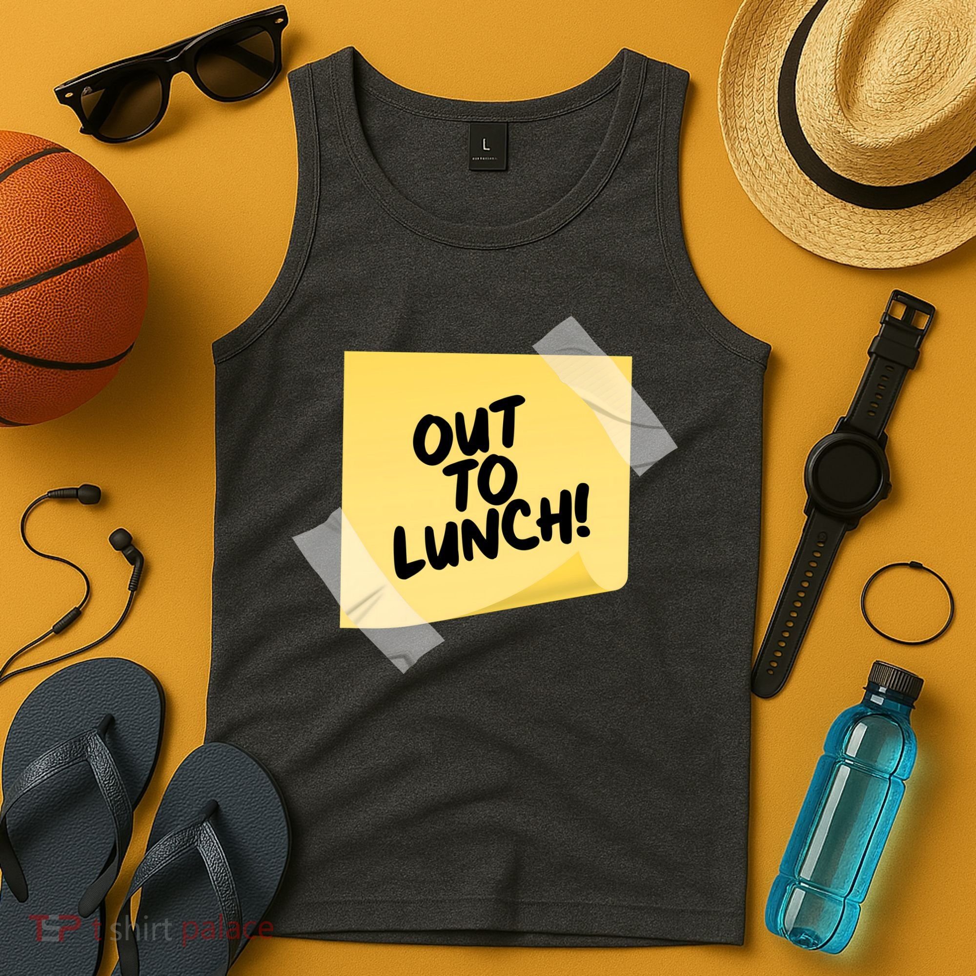 Funny Out To Lunch Taped Note Tank Top