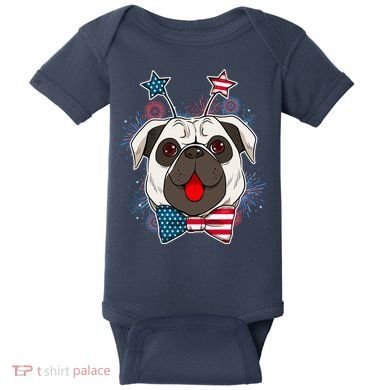 Fourth of July Fireworks Pug Dog Baby Bodysuit