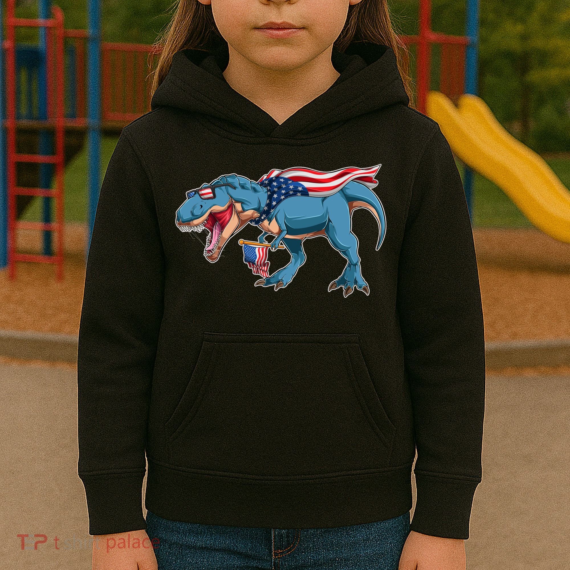 Fourth of July USA American T-Rex Kids Hoodie