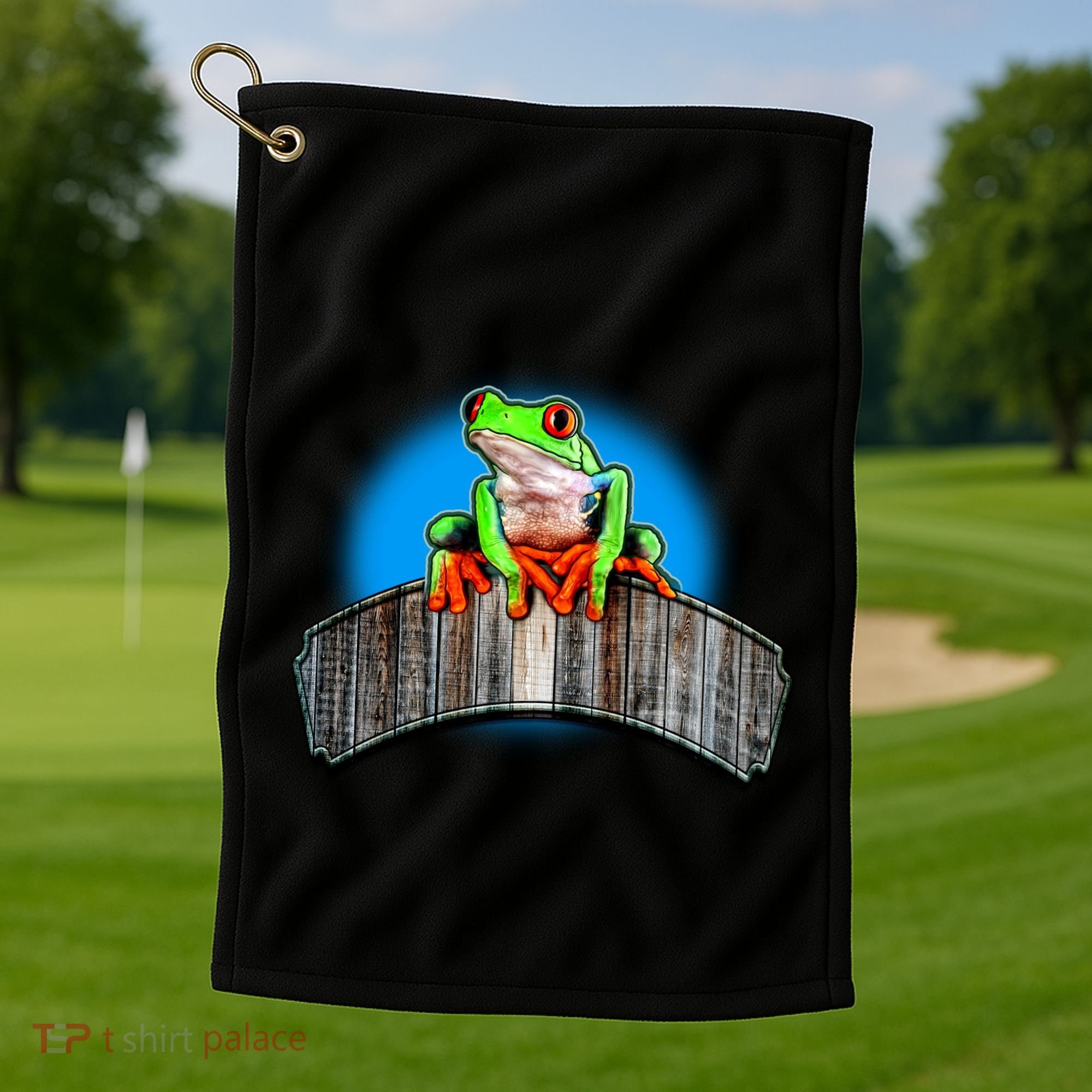 Frog On Wood Panel Golf Towel