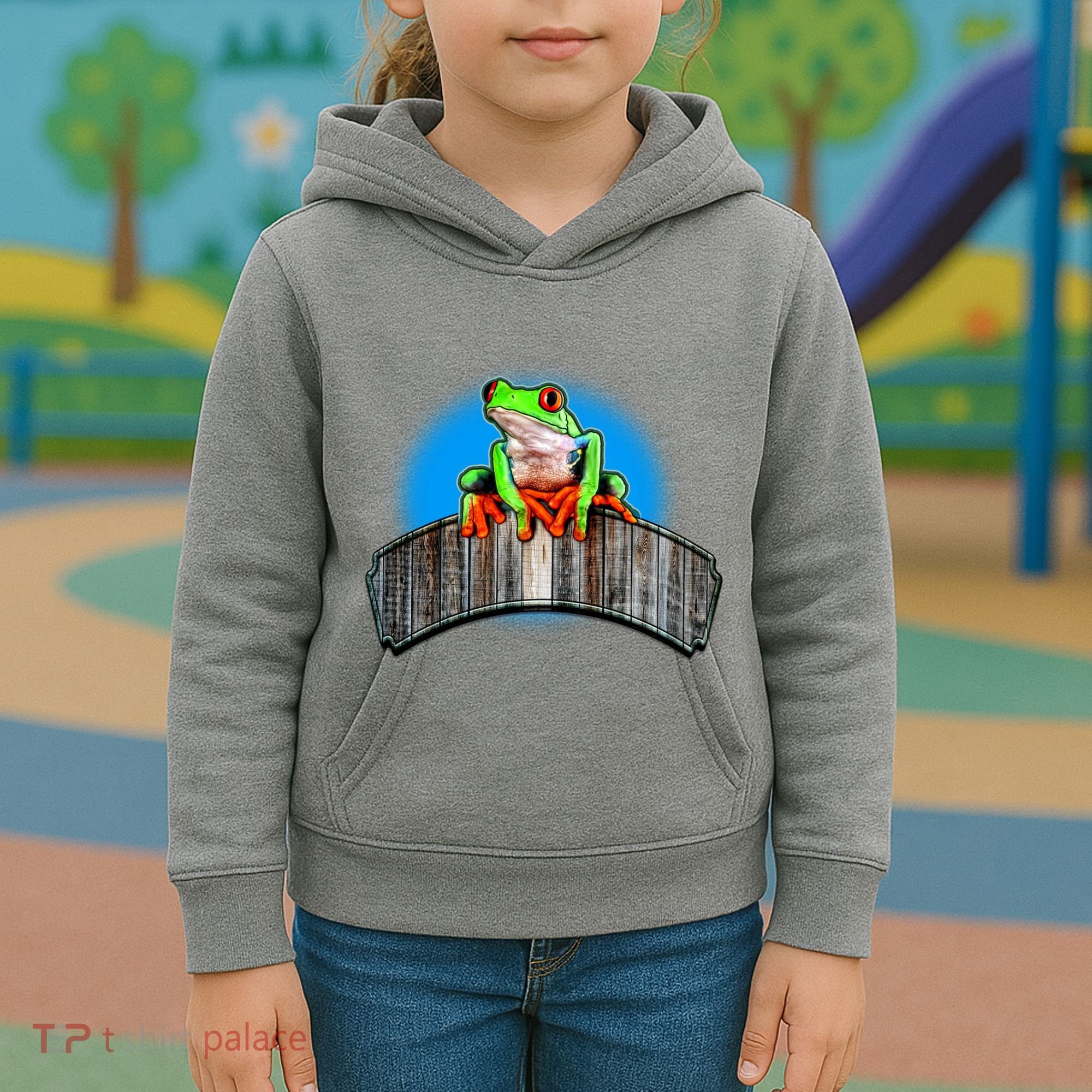 Frog On Wood Panel Kids Hoodie