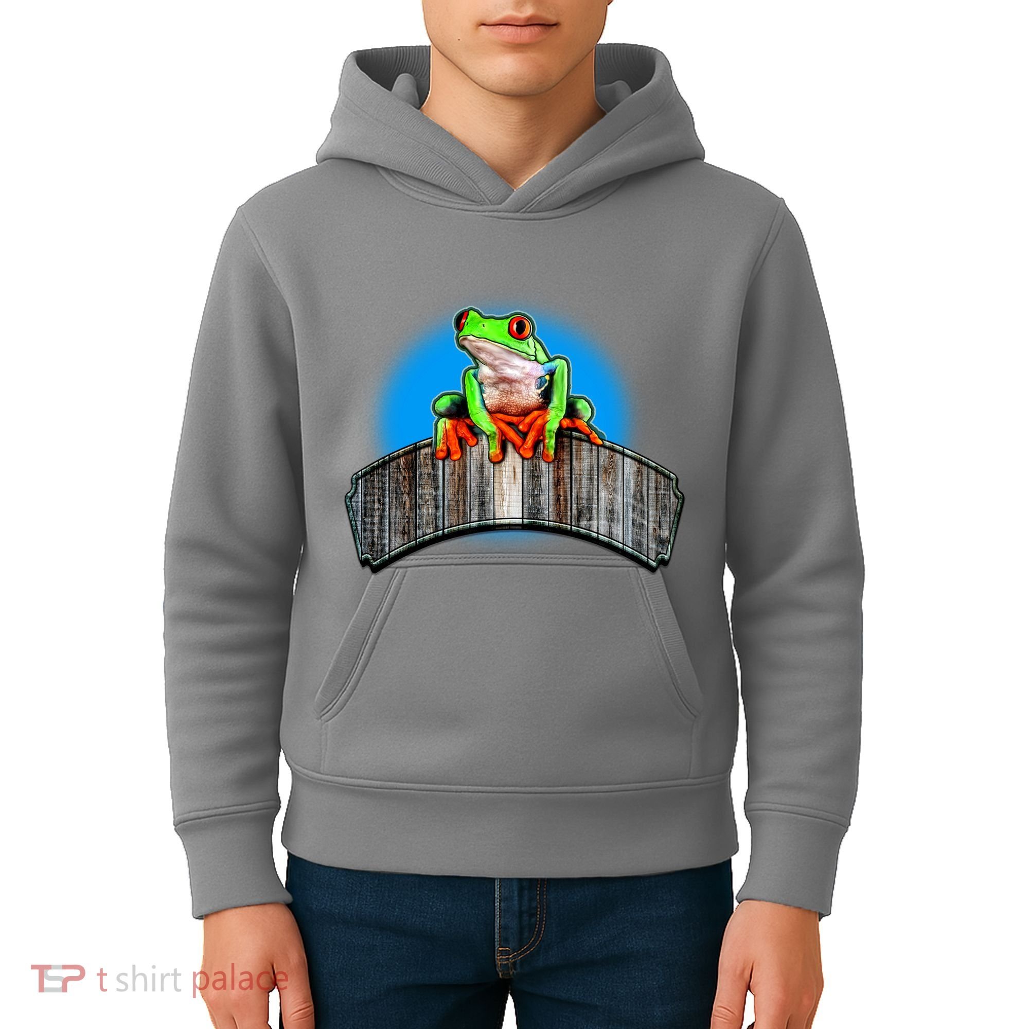 Frog On Wood Panel Kids Hoodie