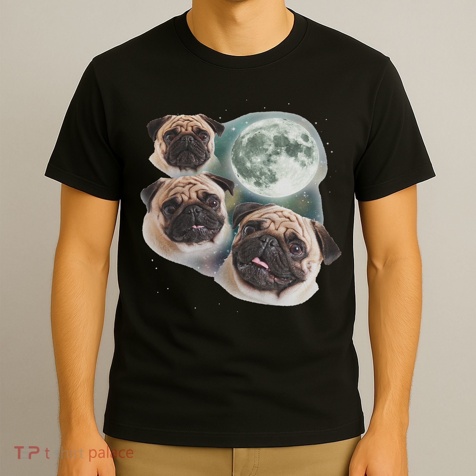 Funny Pug 3 Pug Moon Dog Lovers Three Space Canines T-Shirt