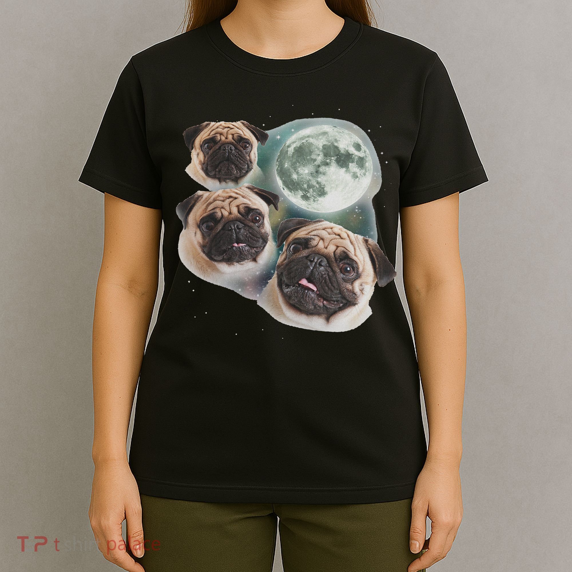 Funny Pug 3 Pug Moon Dog Lovers Three Space Canines T-Shirt