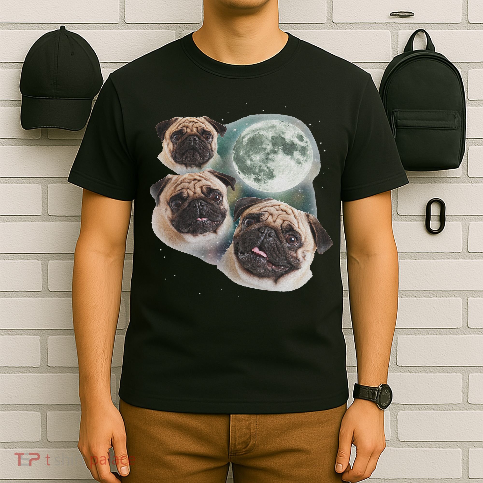 Funny Pug 3 Pug Moon Dog Lovers Three Space Canines T-Shirt
