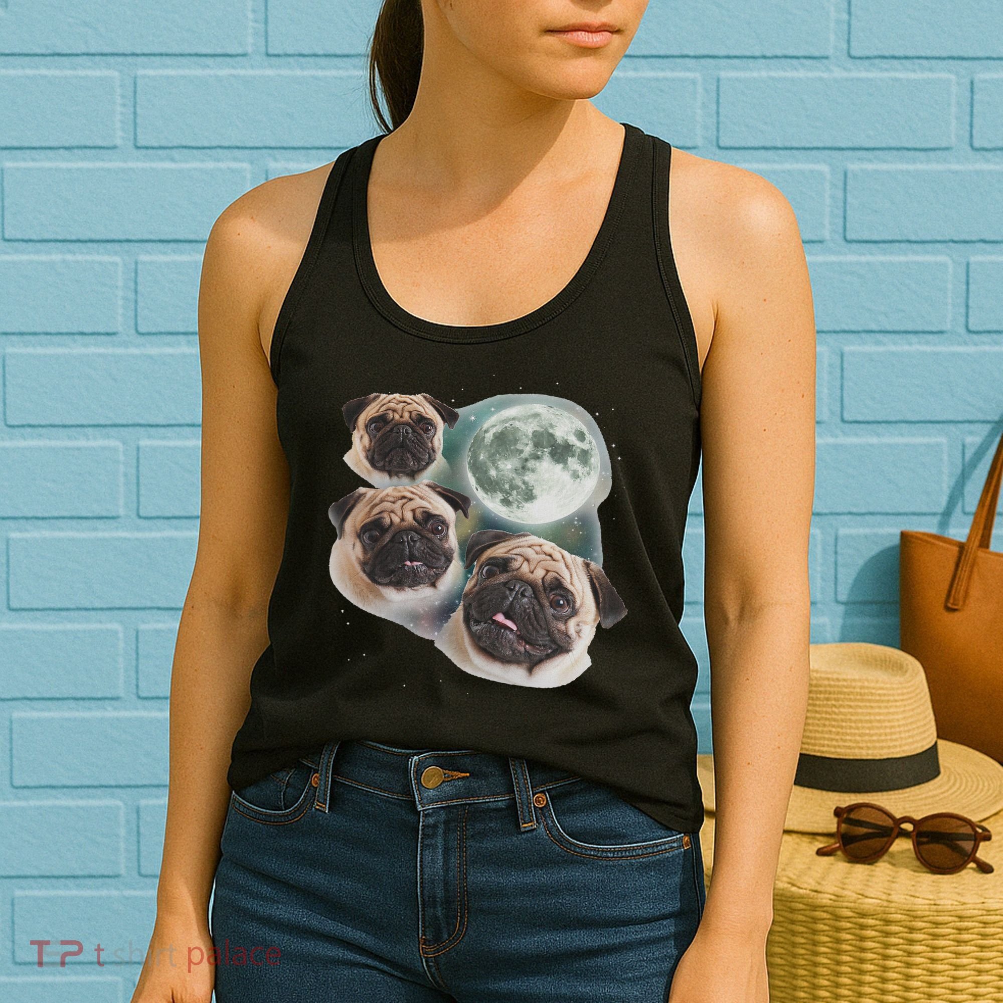 Funny Pug 3 Pug Moon Dog Lovers Three Space Canines Women's Tank Top