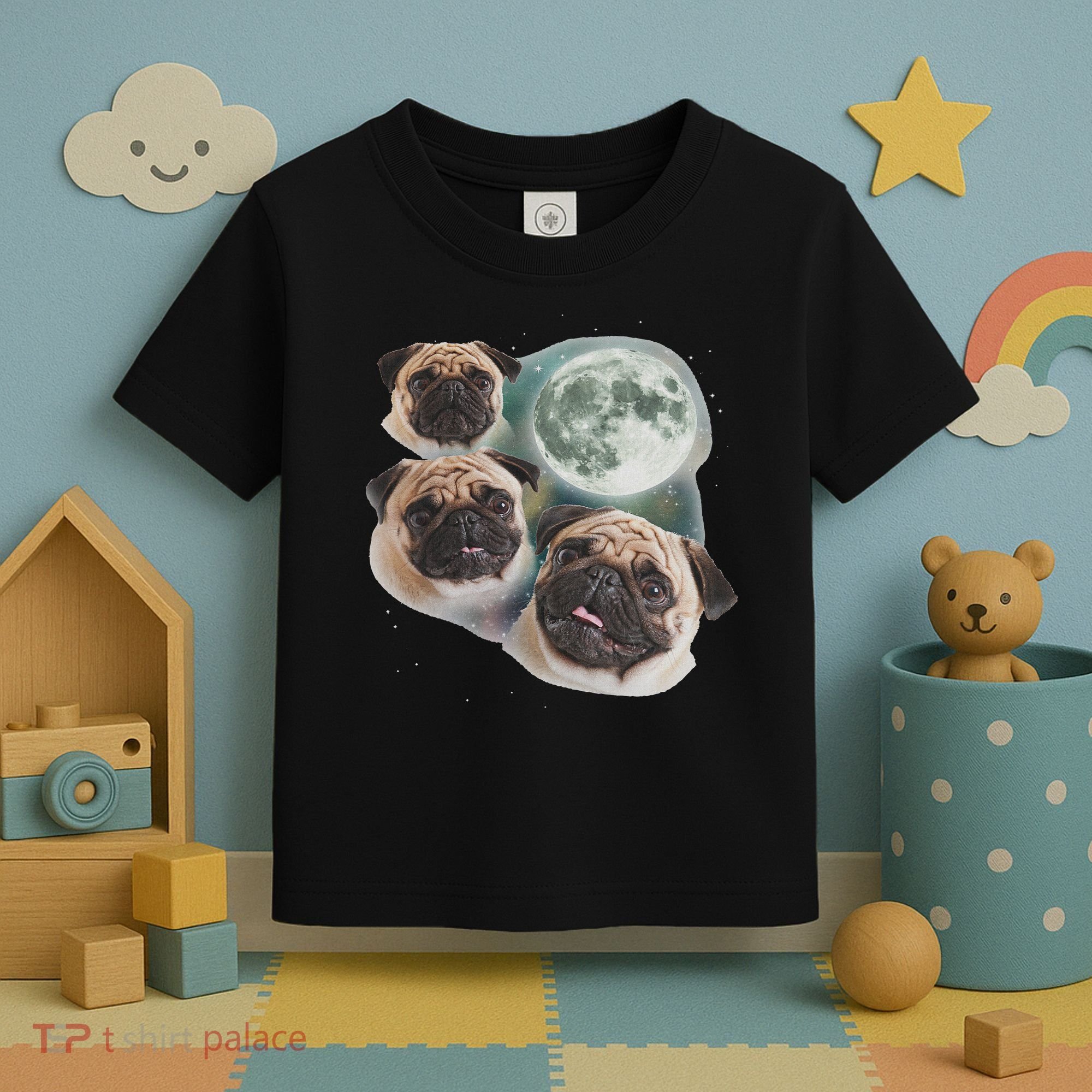 Funny Pug 3 Pug Moon Dog Lovers Three Space Canines Toddler T-Shirt