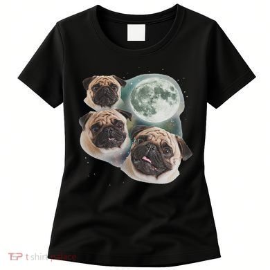 Funny Pug 3 Pug Moon Dog Lovers Three Space Canines Women's T-Shirt