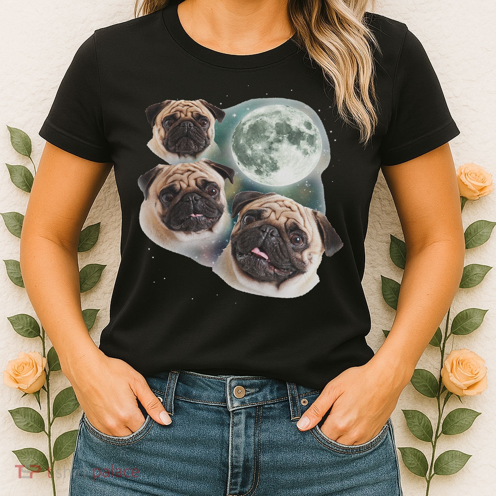 Funny Pug 3 Pug Moon Dog Lovers Three Space Canines Women's T-Shirt