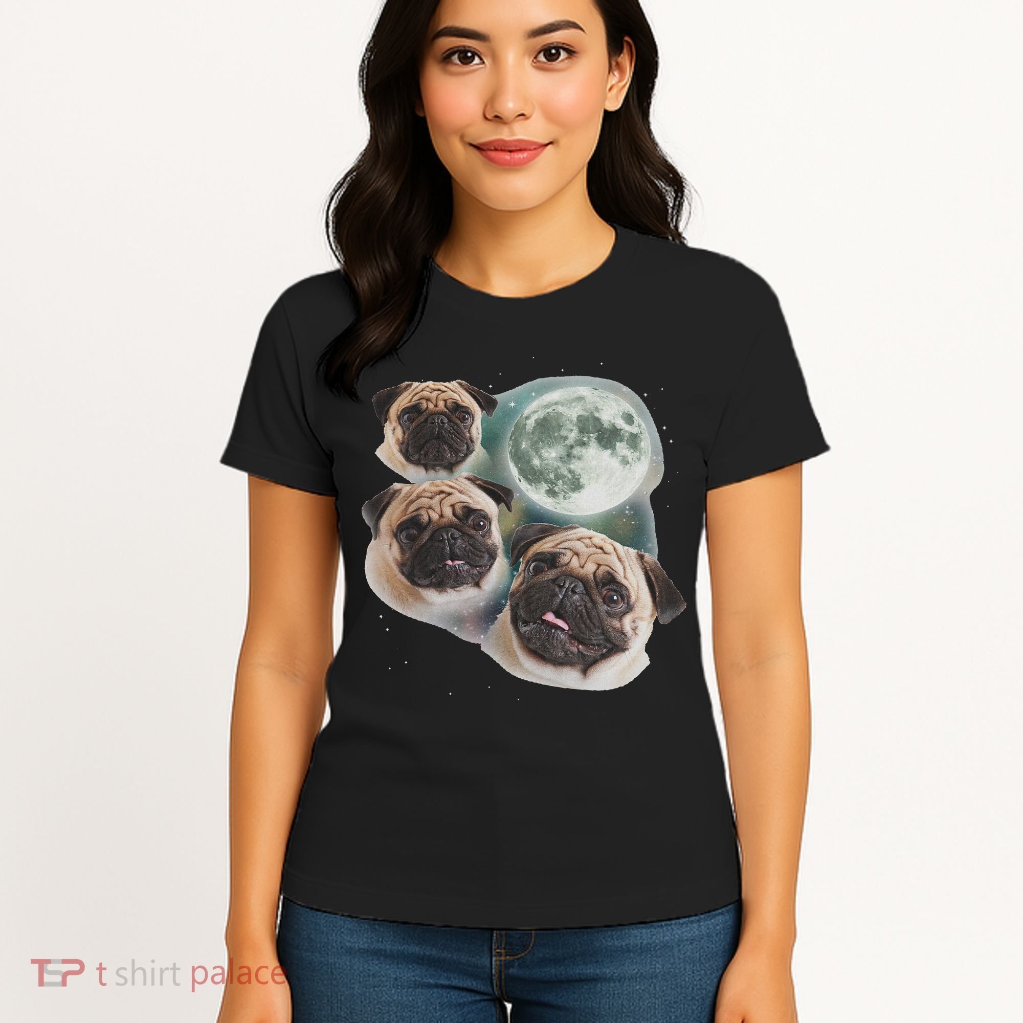 Funny Pug 3 Pug Moon Dog Lovers Three Space Canines Women's T-Shirt