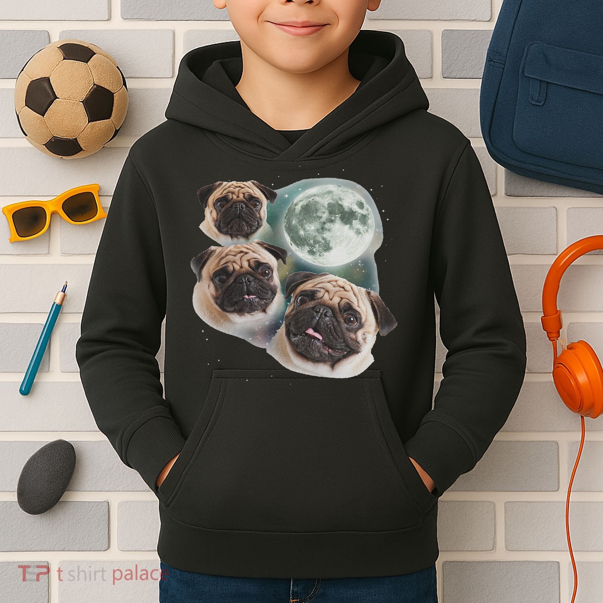 Funny Pug 3 Pug Moon Dog Lovers Three Space Canines Kids Hoodie
