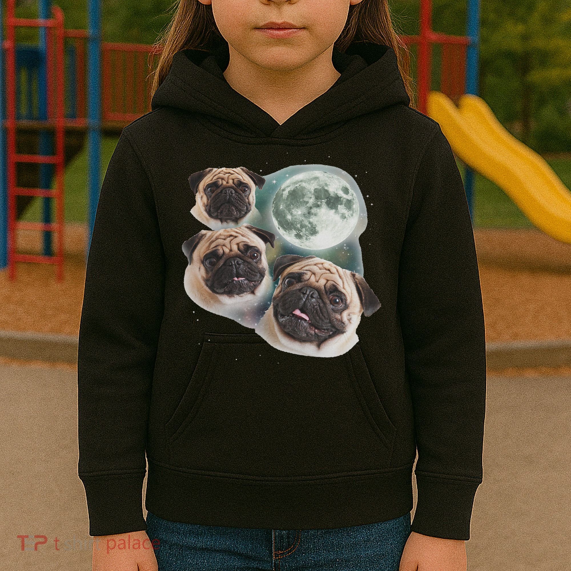 Funny Pug 3 Pug Moon Dog Lovers Three Space Canines Kids Hoodie