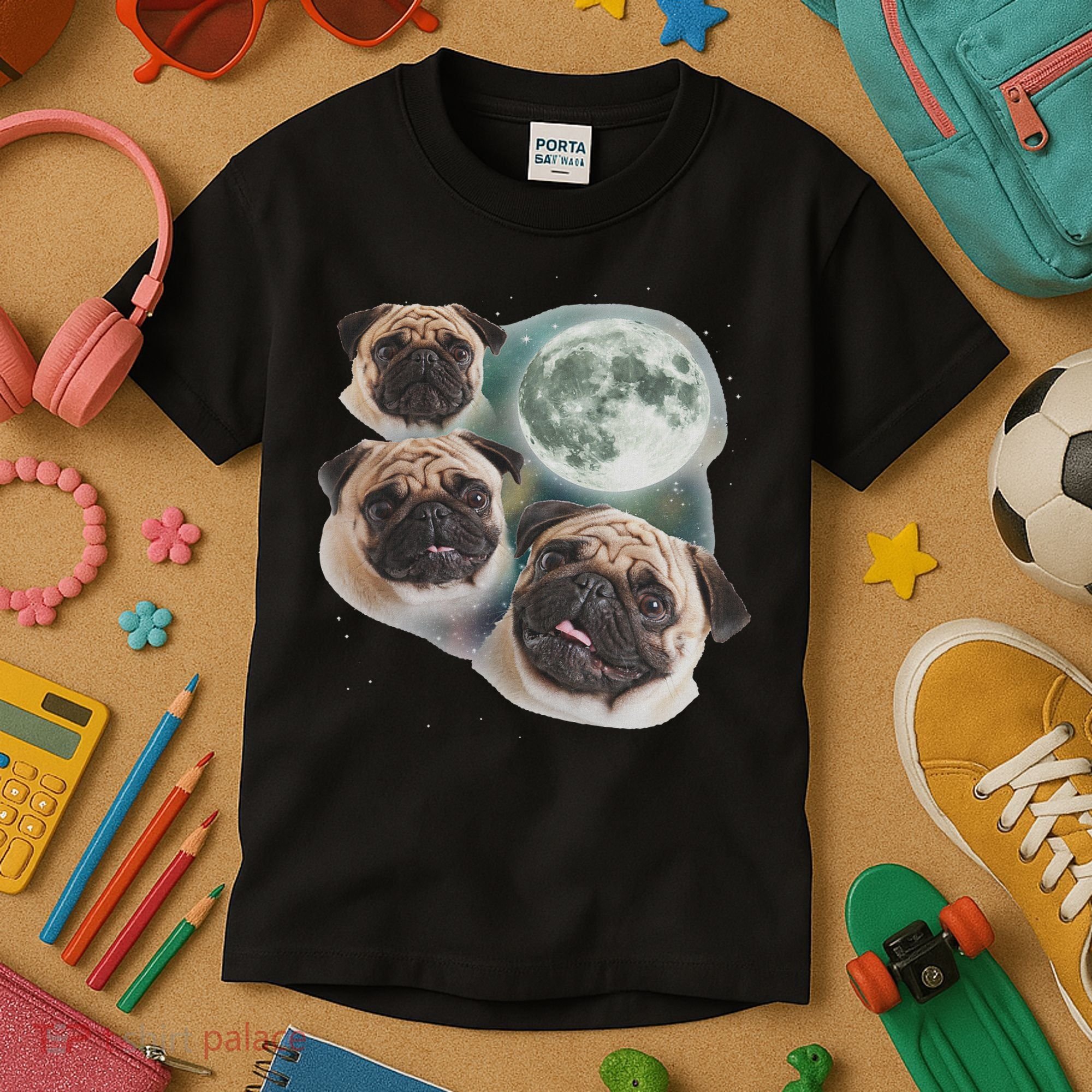 Funny Pug 3 Pug Moon Dog Lovers Three Space Canines Kids T-Shirt