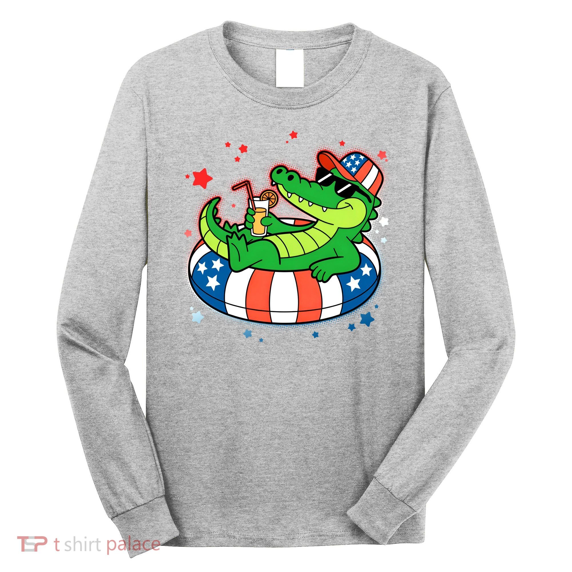 Funny Patriotic 4th Of July Alligator Crocodile Pool Float Tube Long Sleeve Shirt