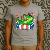 Funny Patriotic 4th Of July Alligator Crocodile Pool Float Tube T-Shirt thumb 3