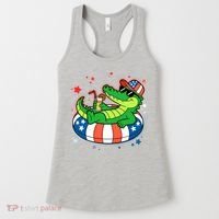 Funny Patriotic 4th Of July Alligator Crocodile Pool Float Tube Women's Tank Top thumb 0