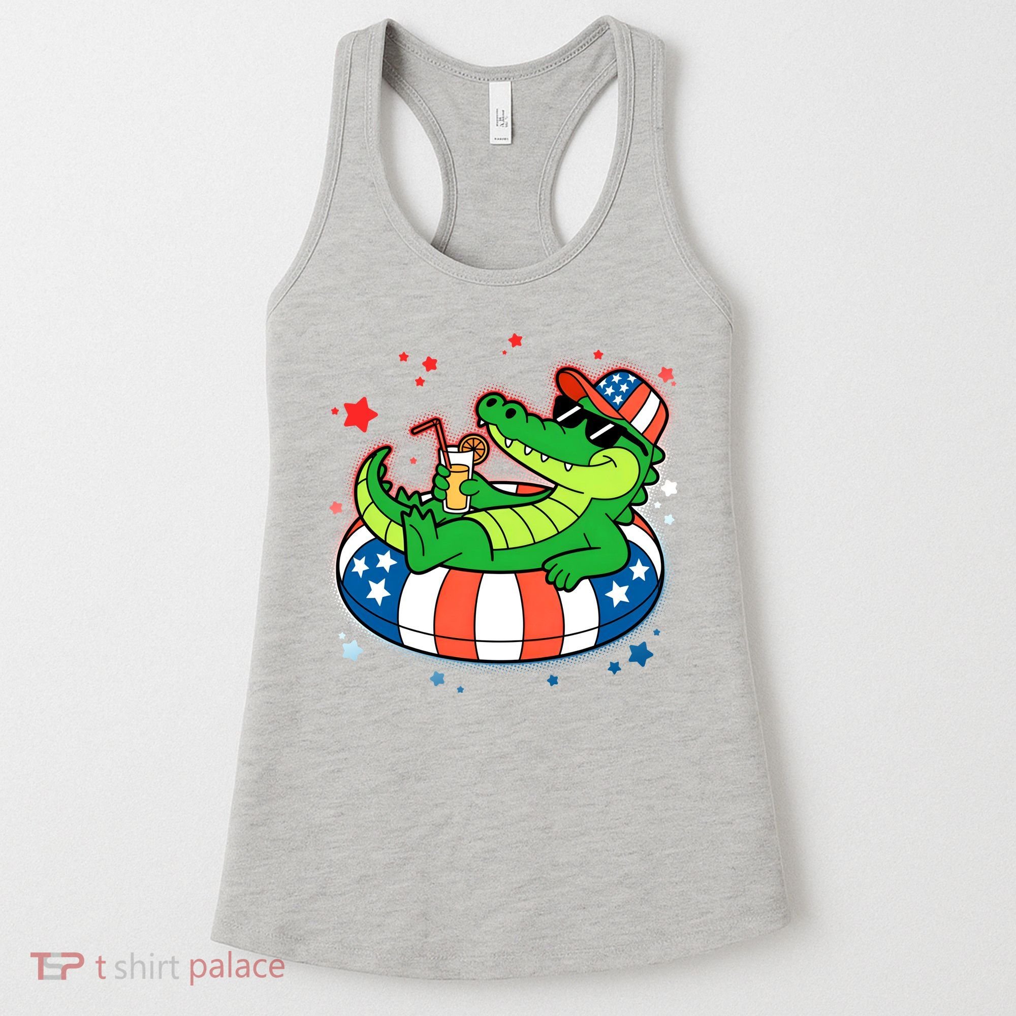 Funny Patriotic 4th Of July Alligator Crocodile Pool Float Tube Women's Tank Top