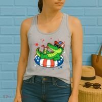 Funny Patriotic 4th Of July Alligator Crocodile Pool Float Tube Women's Tank Top thumb 2