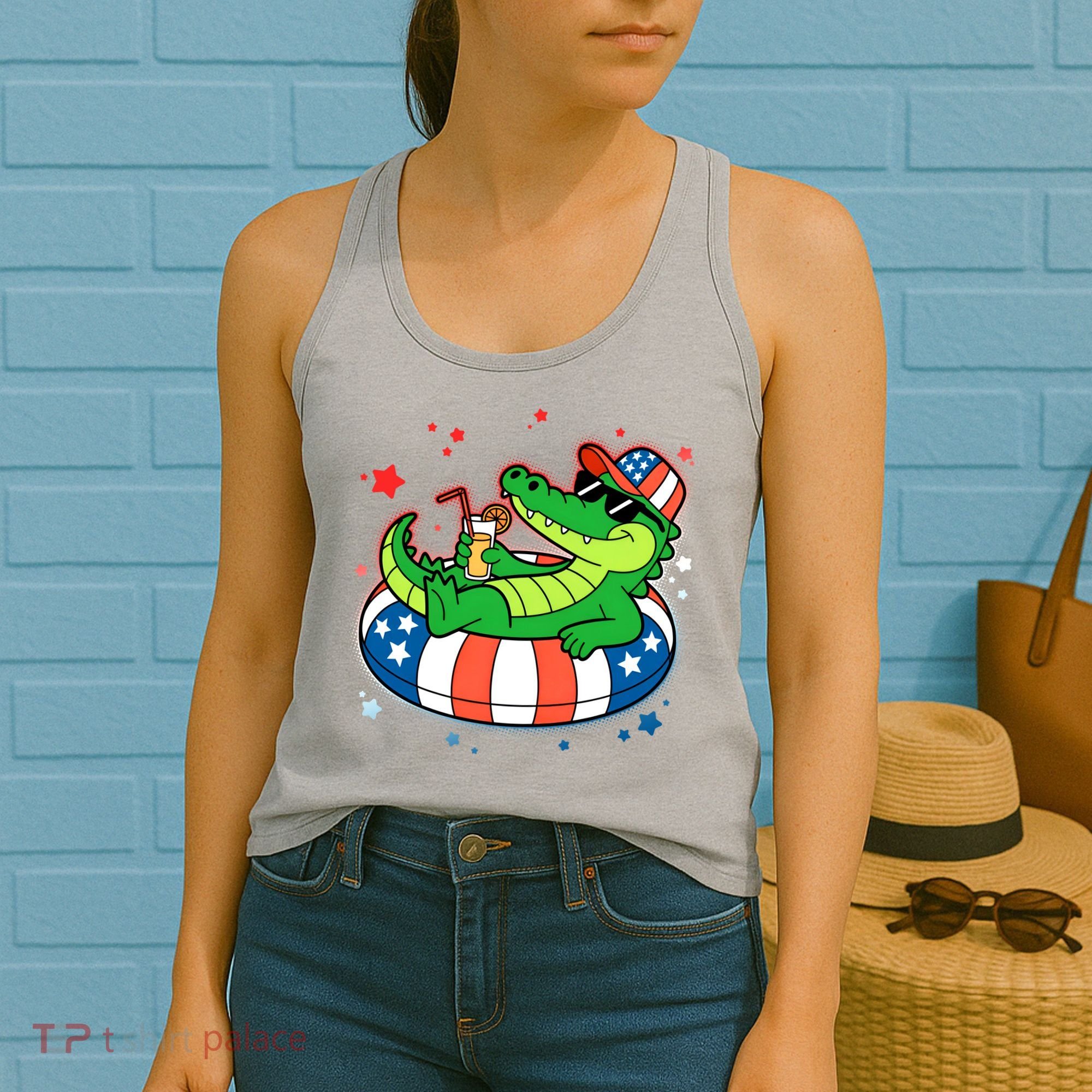 Funny Patriotic 4th Of July Alligator Crocodile Pool Float Tube Women's Tank Top
