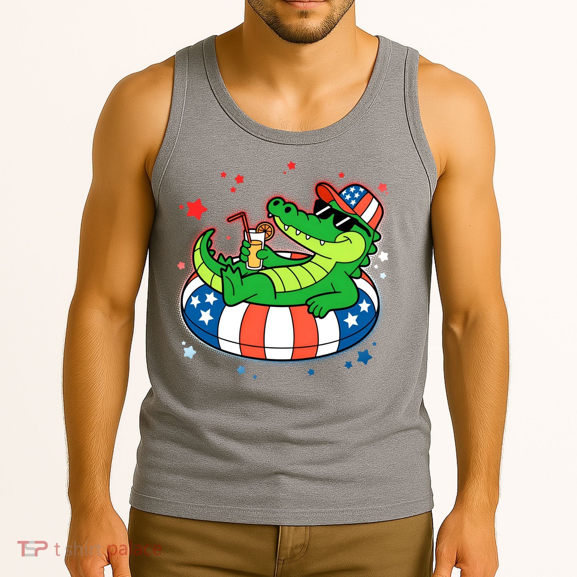Funny Patriotic 4th Of July Alligator Crocodile Pool Float Tube Tank Top