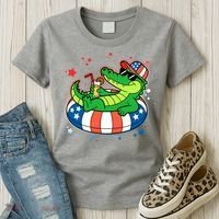 Funny Patriotic 4th Of July Alligator Crocodile Pool Float Tube Women's T-Shirt thumb 3