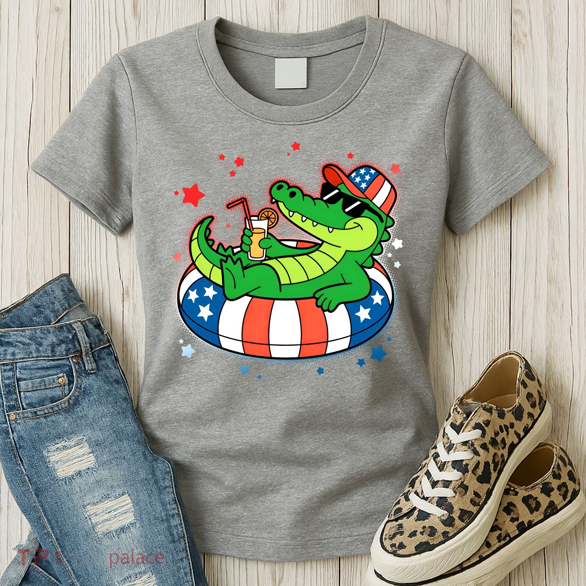 Funny Patriotic 4th Of July Alligator Crocodile Pool Float Tube Women's T-Shirt