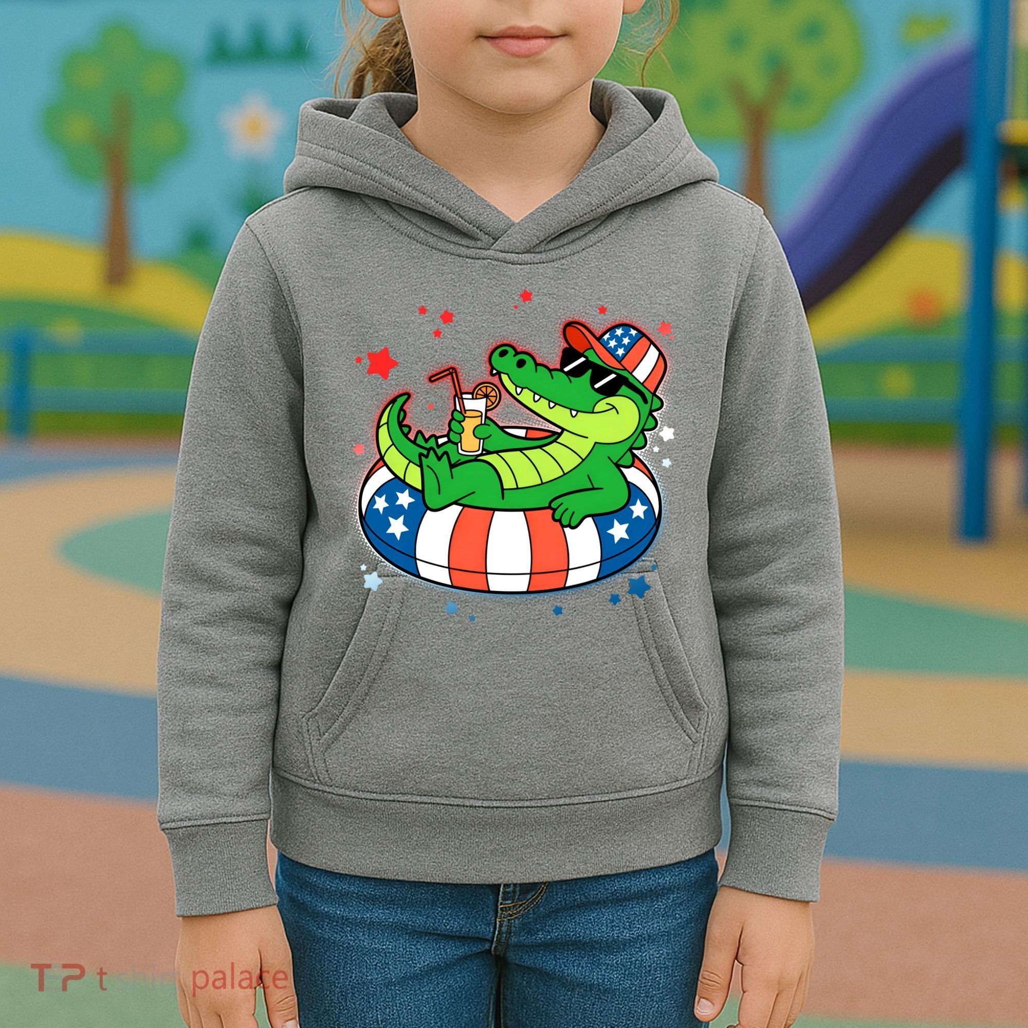Funny Patriotic 4th Of July Alligator Crocodile Pool Float Tube Kids Hoodie