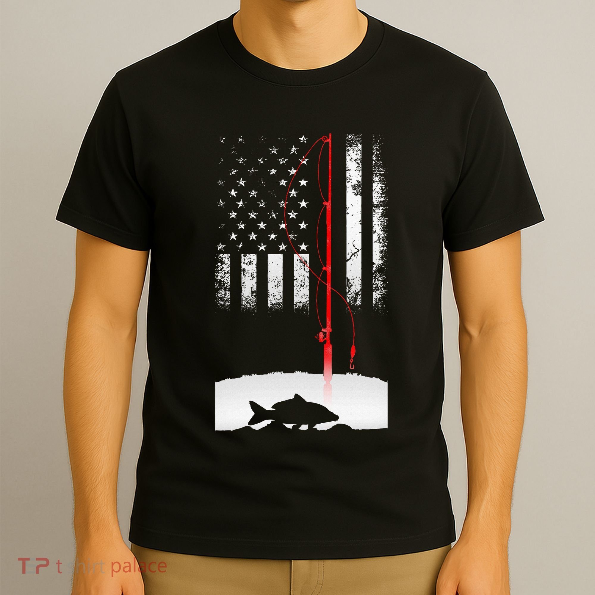 Fishing Pole American Flag Gift For Patriotic Fisherman T-Shirt