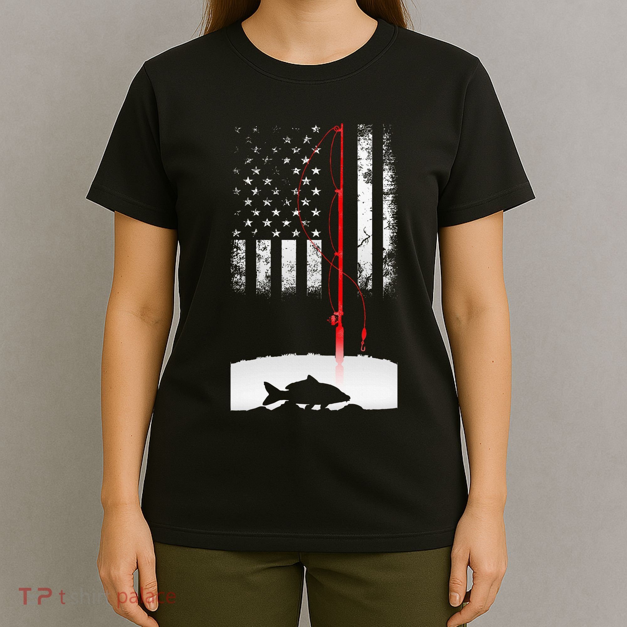 Fishing Pole American Flag Gift For Patriotic Fisherman T-Shirt