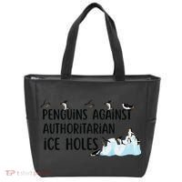 Funny Penguins Against Authoritarian Ice Holes Protest Tote Bag thumb 0