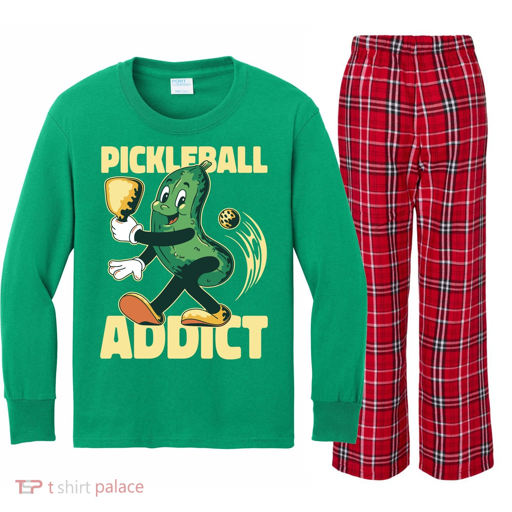 Funny Pickleball Addict Kids Long Sleeve Plaid Pajama Set