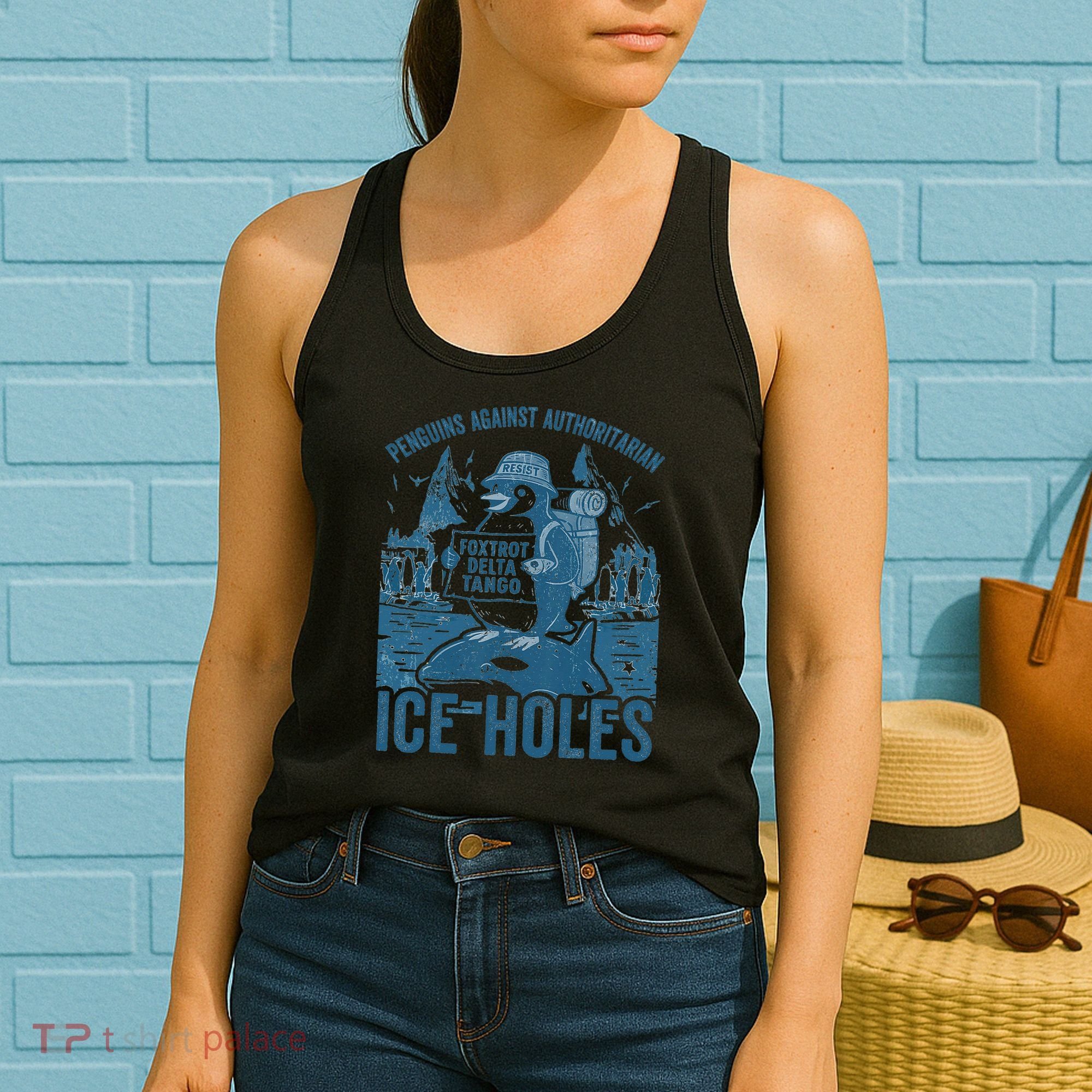 Funny Penguins Against Authoritarian Ice Holes Sarcastic Women's Tank Top